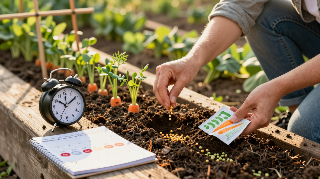 Pessoa plantando sementes em canteiro de madeira com despertador e calendário ao lado.