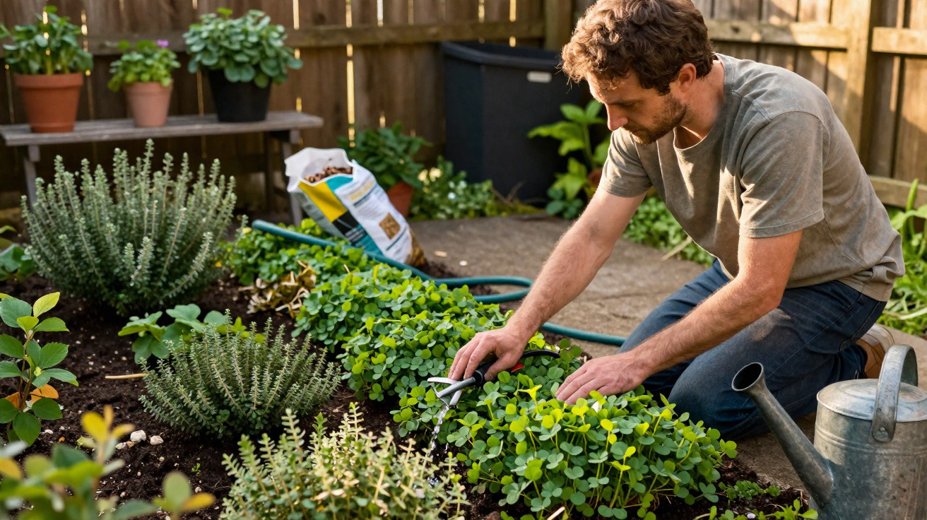 Homem cuidando de plantas em jardim com regador e ferramentas de jardinagem ao redor.