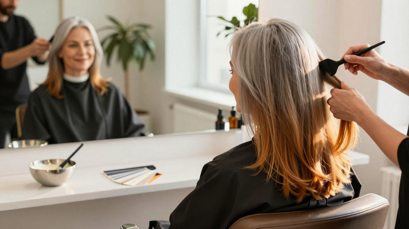 Mulher com cabelo grisalho e pontas loiras recebendo coloração no salão de beleza.