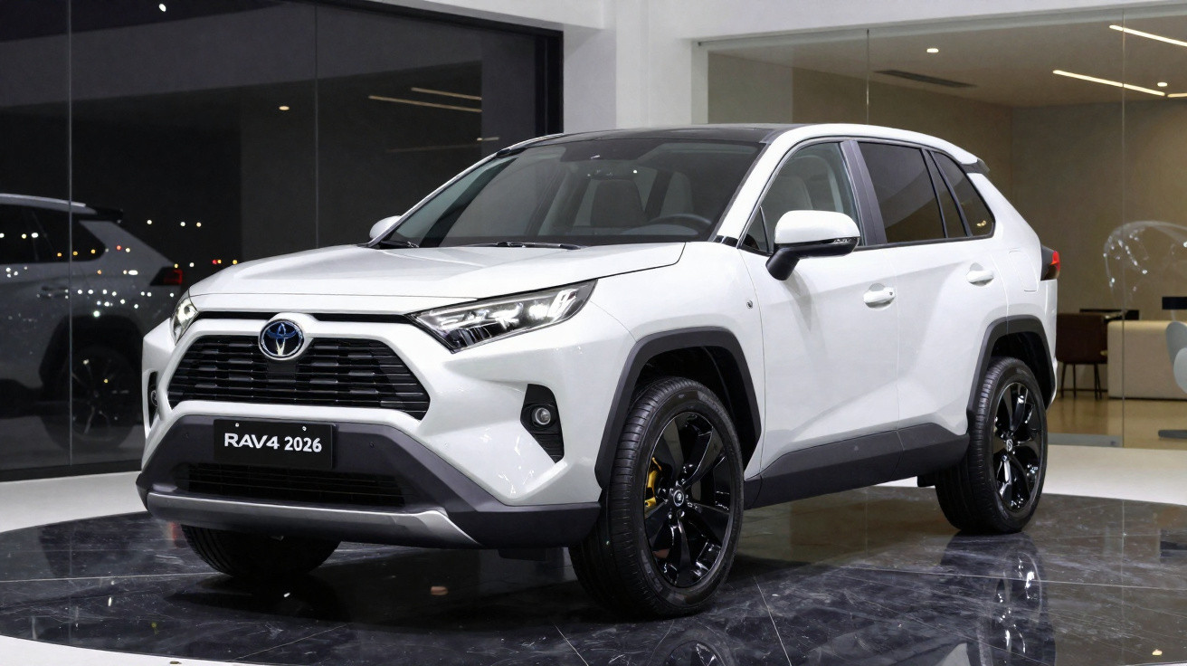Carro SUV branco Toyota RAV4 2026 exibido em salão moderno com piso preto brilhante.