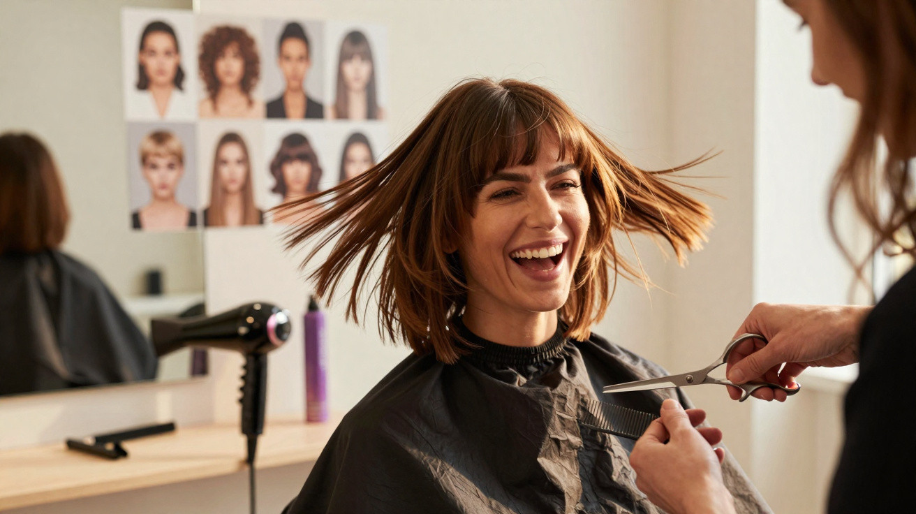 Mulher sorridente recebe corte de cabelo em salão com catálogo de estilos ao fundo.