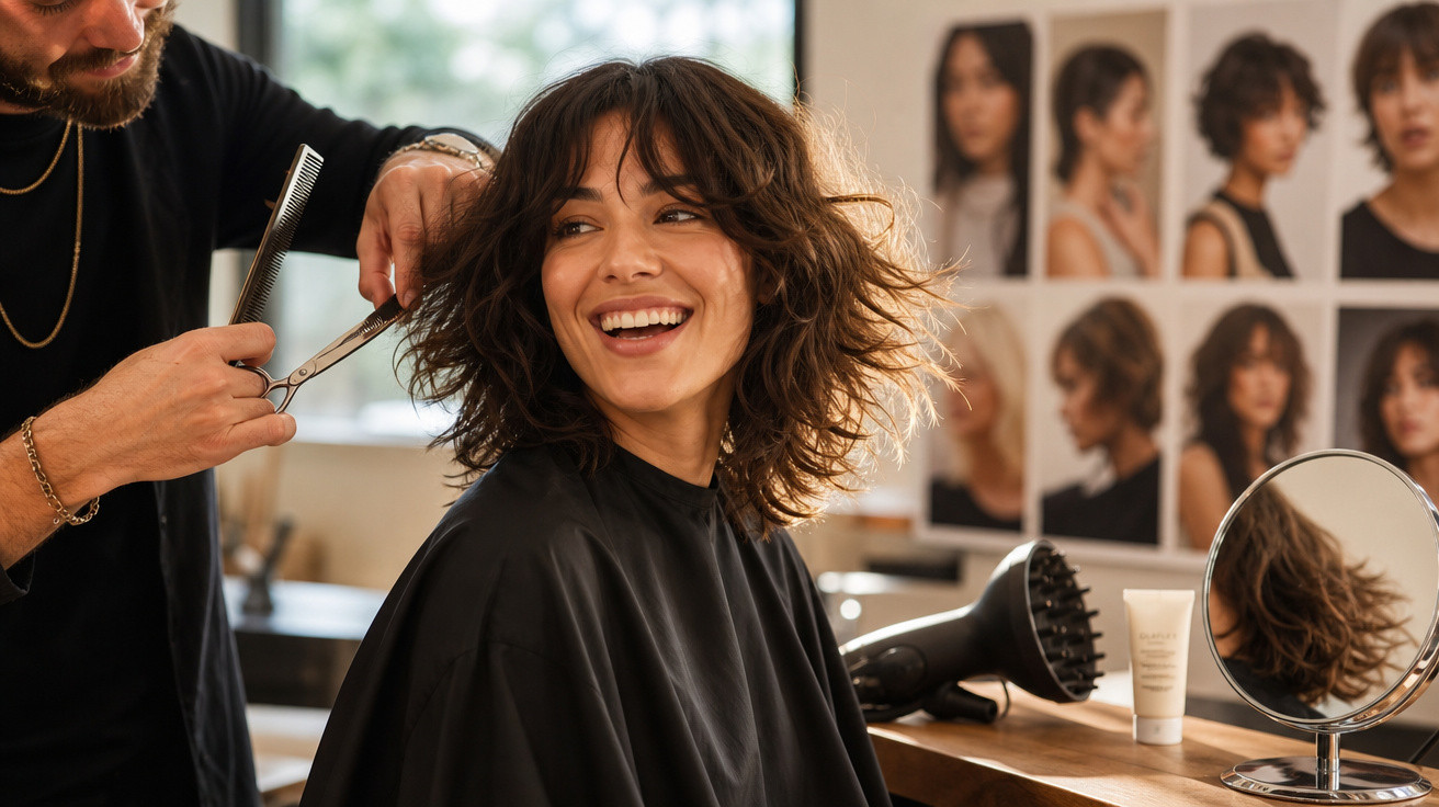 Mulher sorridente cortando cabelo em salão com espelho e fotos de penteados ao fundo.