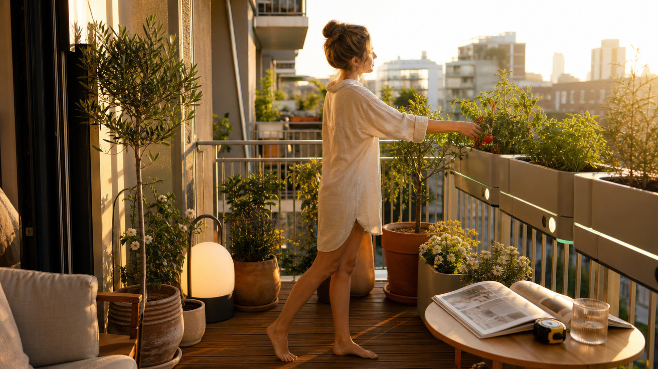 Mulher em vestido branco cuidando das plantas em uma varanda ao pôr do sol, com móveis e vasos ao redor.