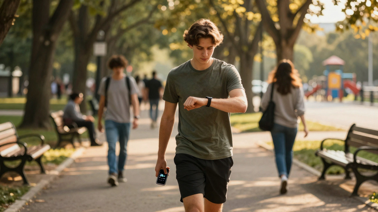 Jovem caminhando em parque olhando relógio inteligente com outras pessoas ao fundo em dia ensolarado.