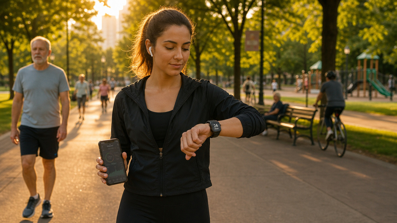Mulher com roupa esportiva olha relógio inteligente enquanto segura celular em parque iluminado pelo sol.