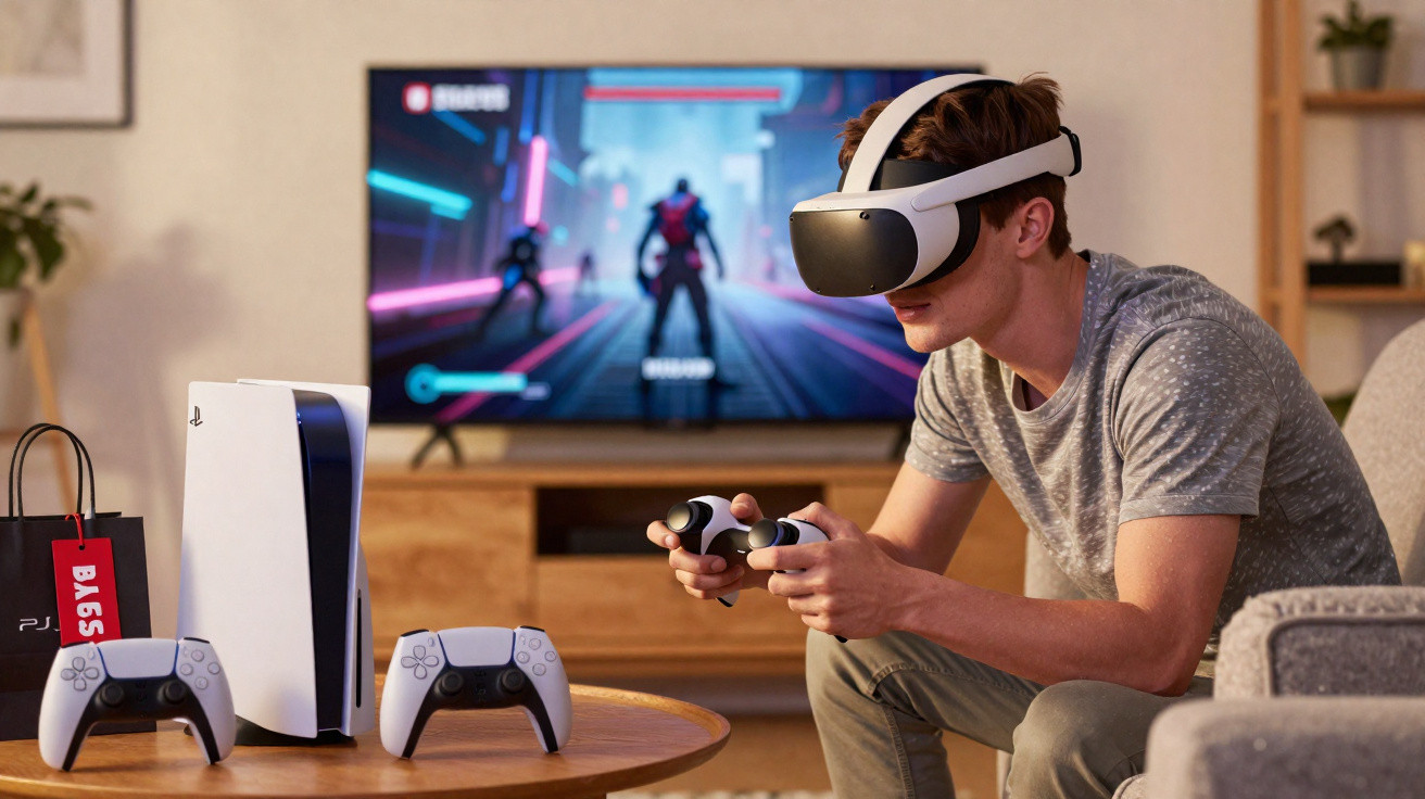 Homem usando óculos de realidade virtual e controles jogando videogame em sala com TV e console PS5.