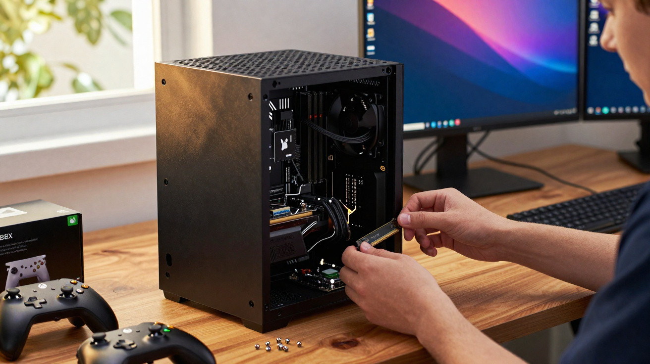 Pessoa instalando memória RAM em gabinete de computador com dois controles de videogame em mesa de madeira.