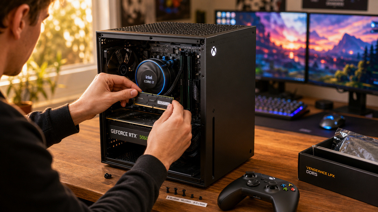 Pessoa instalando memória RAM em um computador desktop Xbox Series X com dual monitor e controle Xbox na mesa.