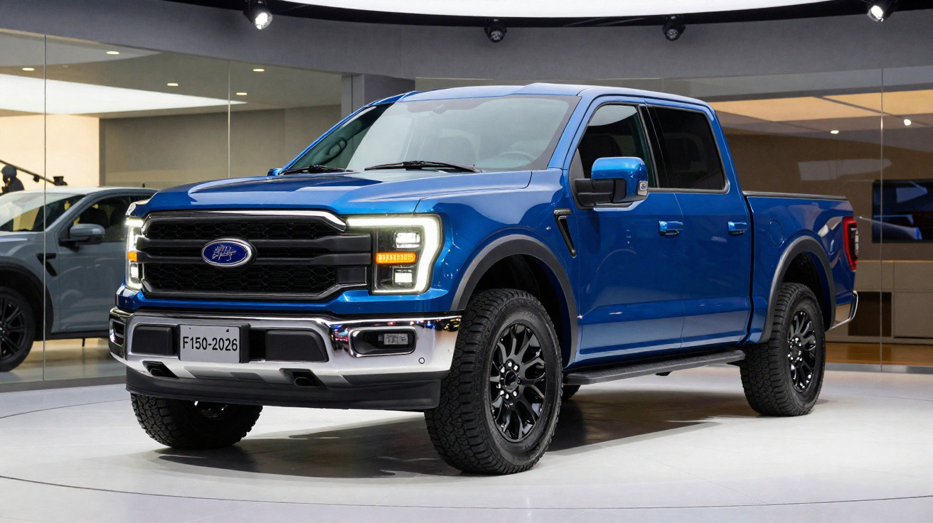 Picape Ford F-150 azul 2026 em exposição com faróis acesos e rodas pretas.