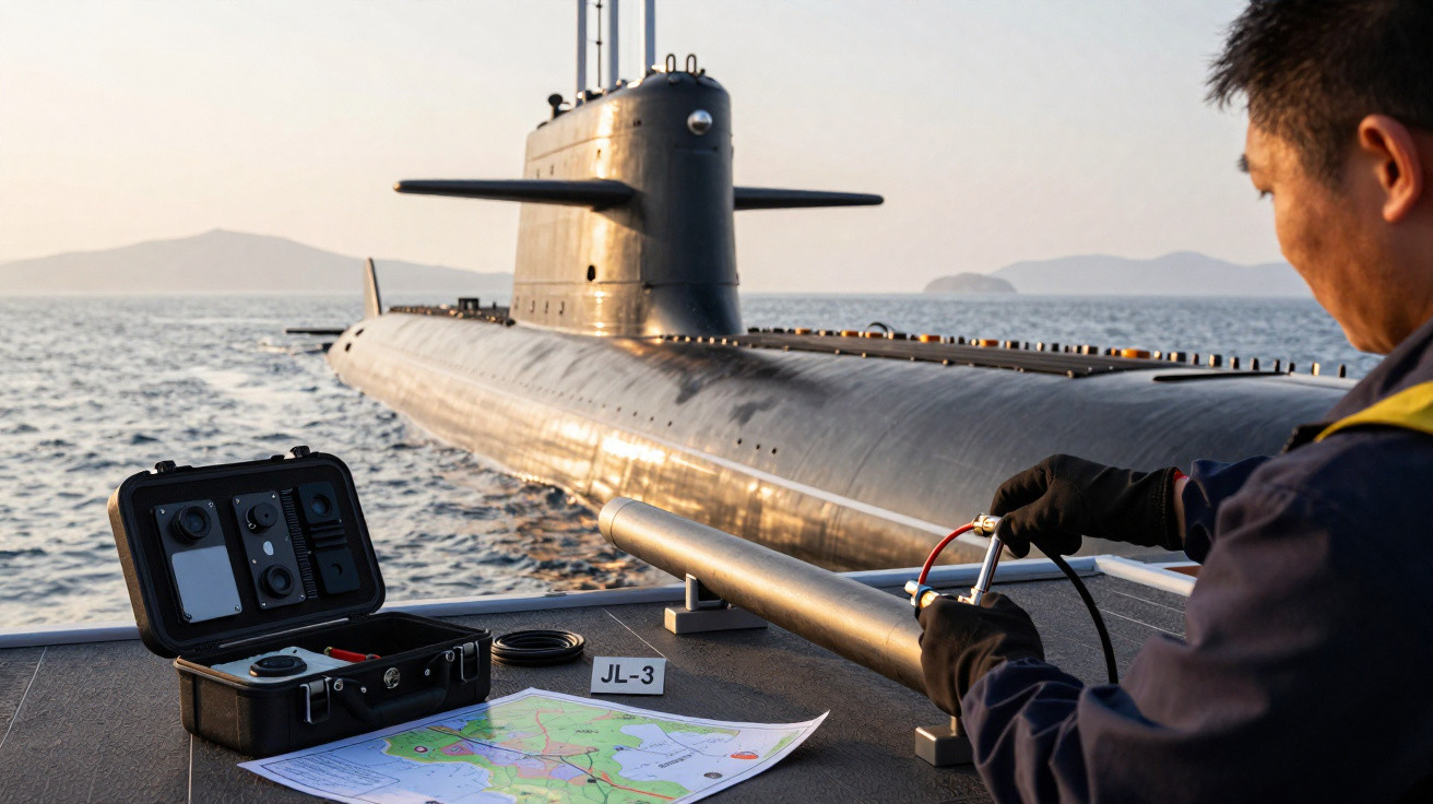 Homem operando equipamento eletrônico próximo a submarino negro no mar durante o dia.