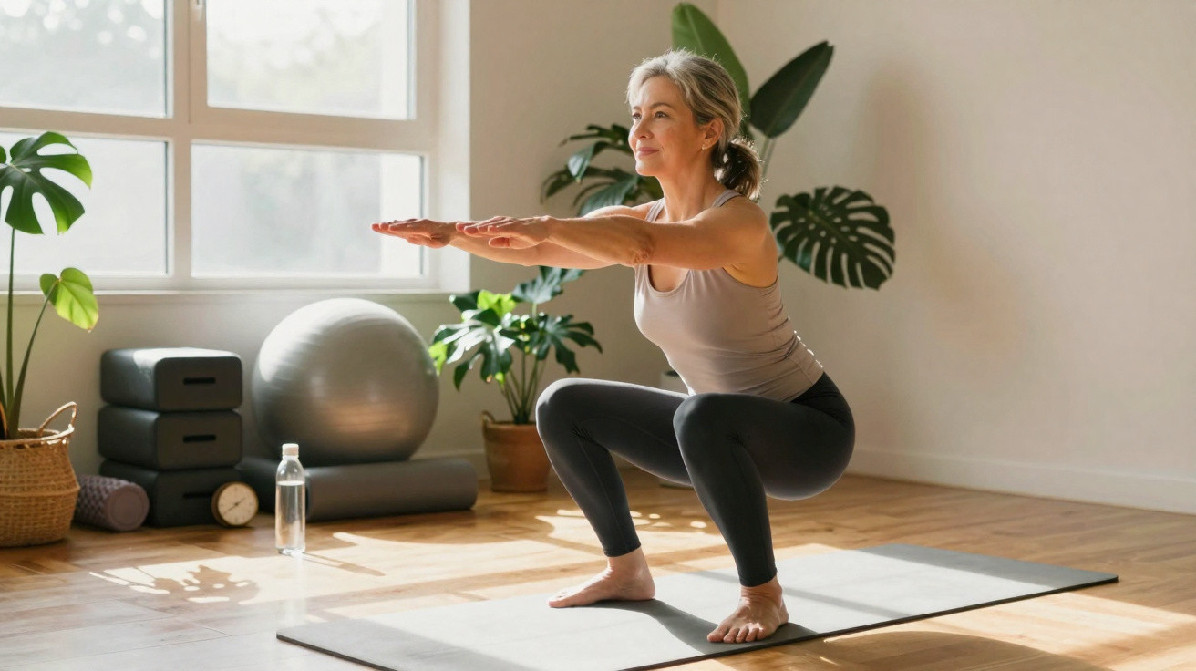 Mulher madura praticando alongamento em tapete de yoga em ambiente claro com plantas ao fundo.