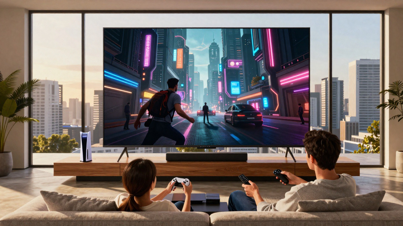 Casal jogando videogame em uma sala moderna com TV grande e vista panorâmica da cidade.