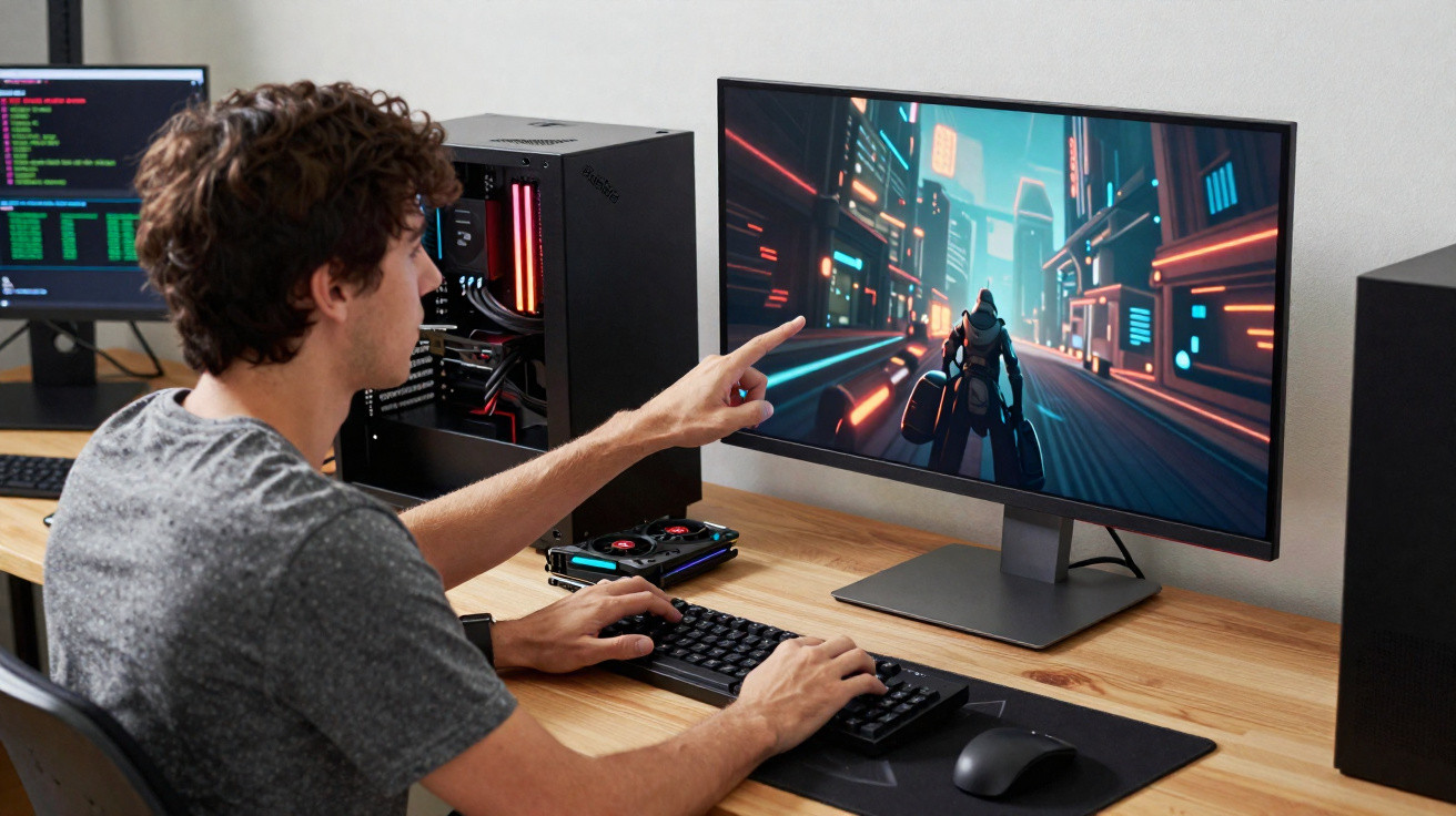 Homem jogando videogame futurista em computador com gabinete aberto e teclado preto em mesa de madeira.