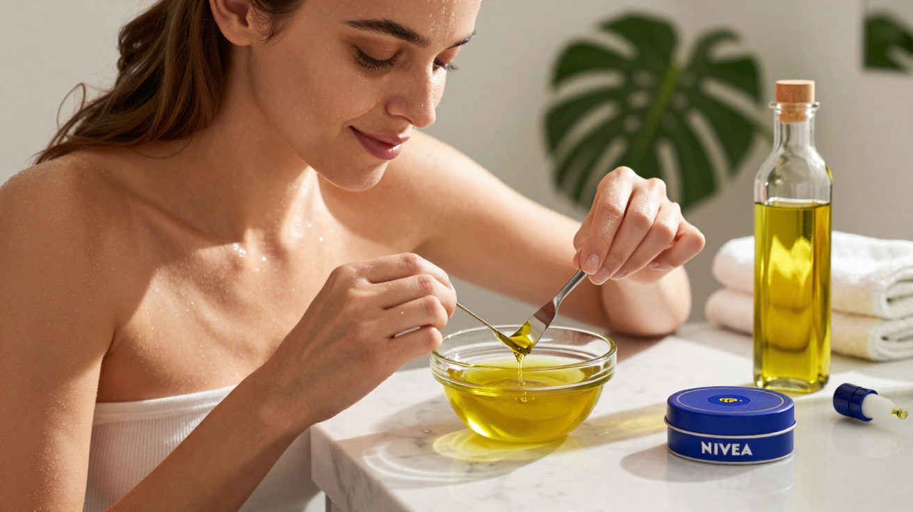 Mulher aplicando óleo de rosto com colher, ao lado de creme Nivea e toalhas brancas em bancada.