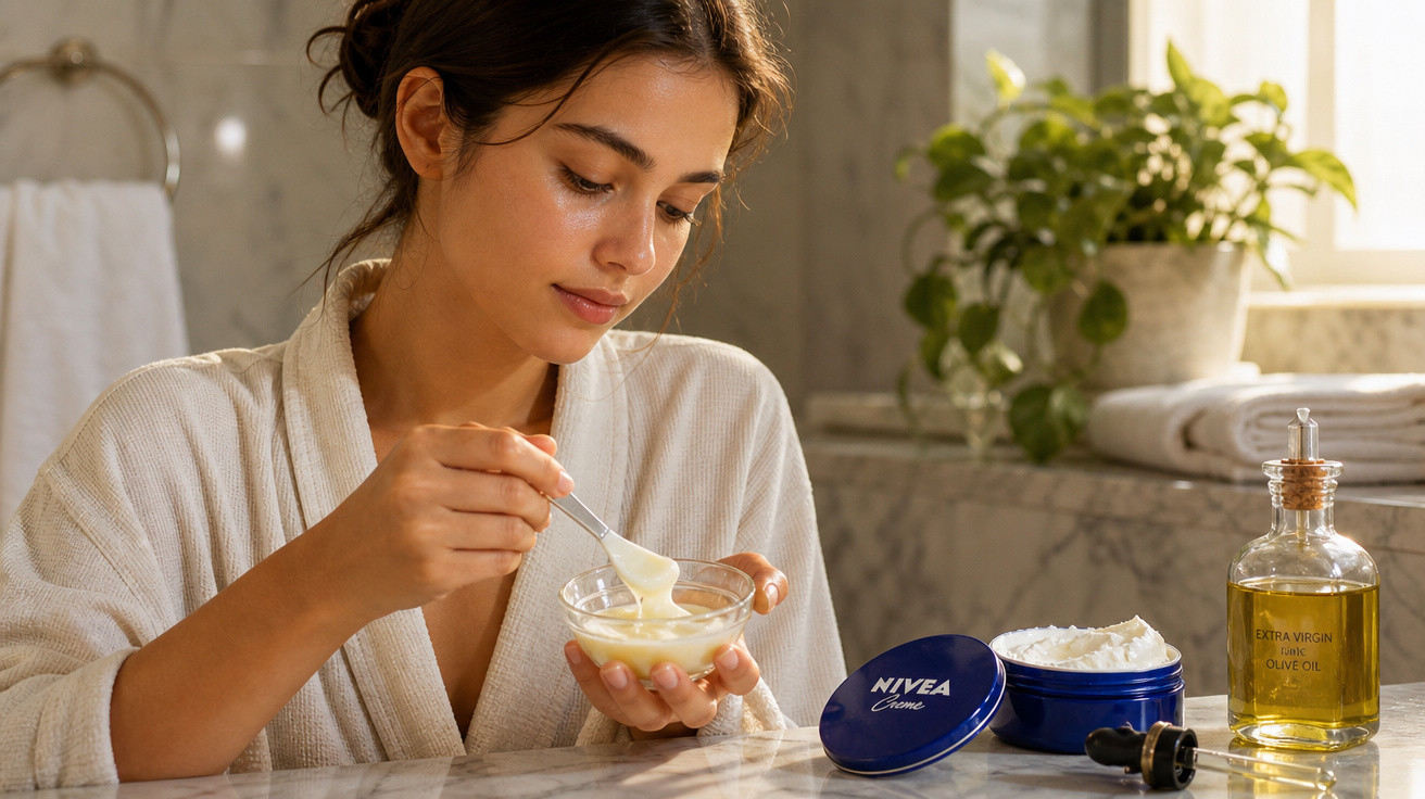Mulher com roupão branco aplicando creme Nivea no banheiro com óleo de oliva e toalhas ao fundo.