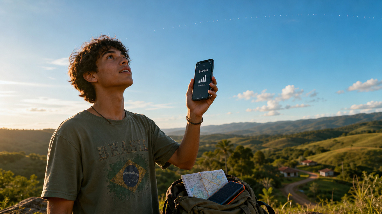 Jovem segurando celular com sinal, olhando para o céu em área rural com colinas ao fundo.