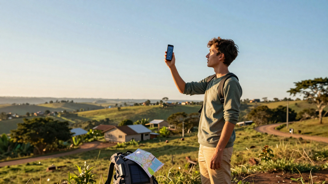 Jovem com mochila consulta smartphone em área rural durante pôr do sol com casas e vegetação ao fundo.