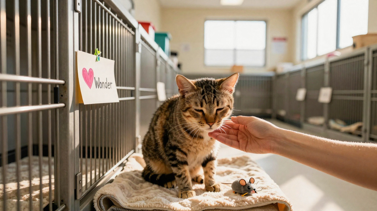 Gato listrado sentado em abrigo sendo acariciado por uma mão humana perto de brinquedo de rato.
