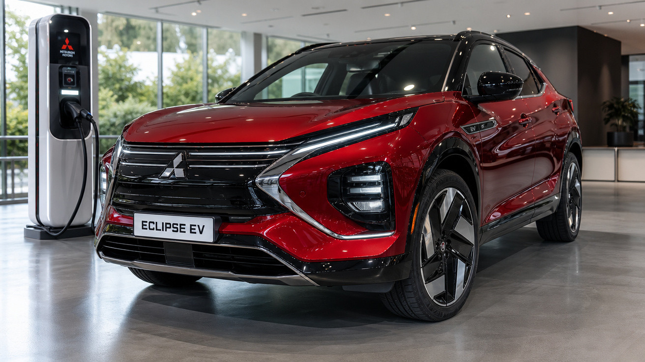Carro elétrico Mitsubishi Eclipse EV vermelho em showroom, próximo a estação de recarga.