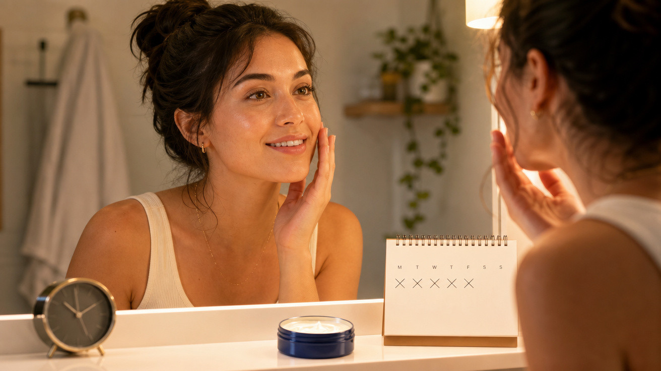 Mulher sorrindo enquanto aplica creme no rosto em frente ao espelho no banheiro, com calendário e relógio na bancada.