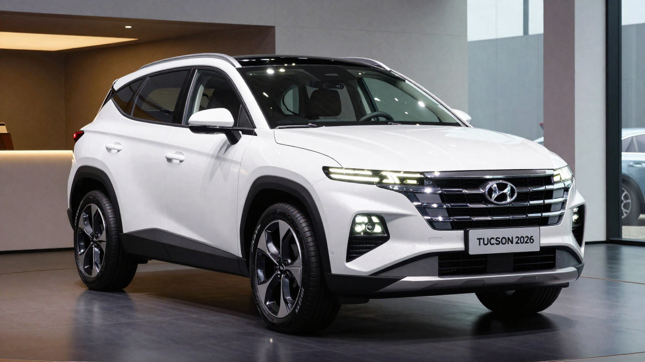 SUV Hyundai Tucson branco 2026 exibido em ambiente interno moderno com iluminação suave.
