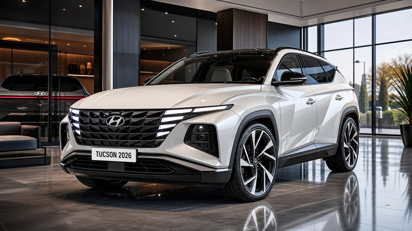 SUV Hyundai Tucson 2026 branco em showroom moderno com design futurista e rodas grandes.