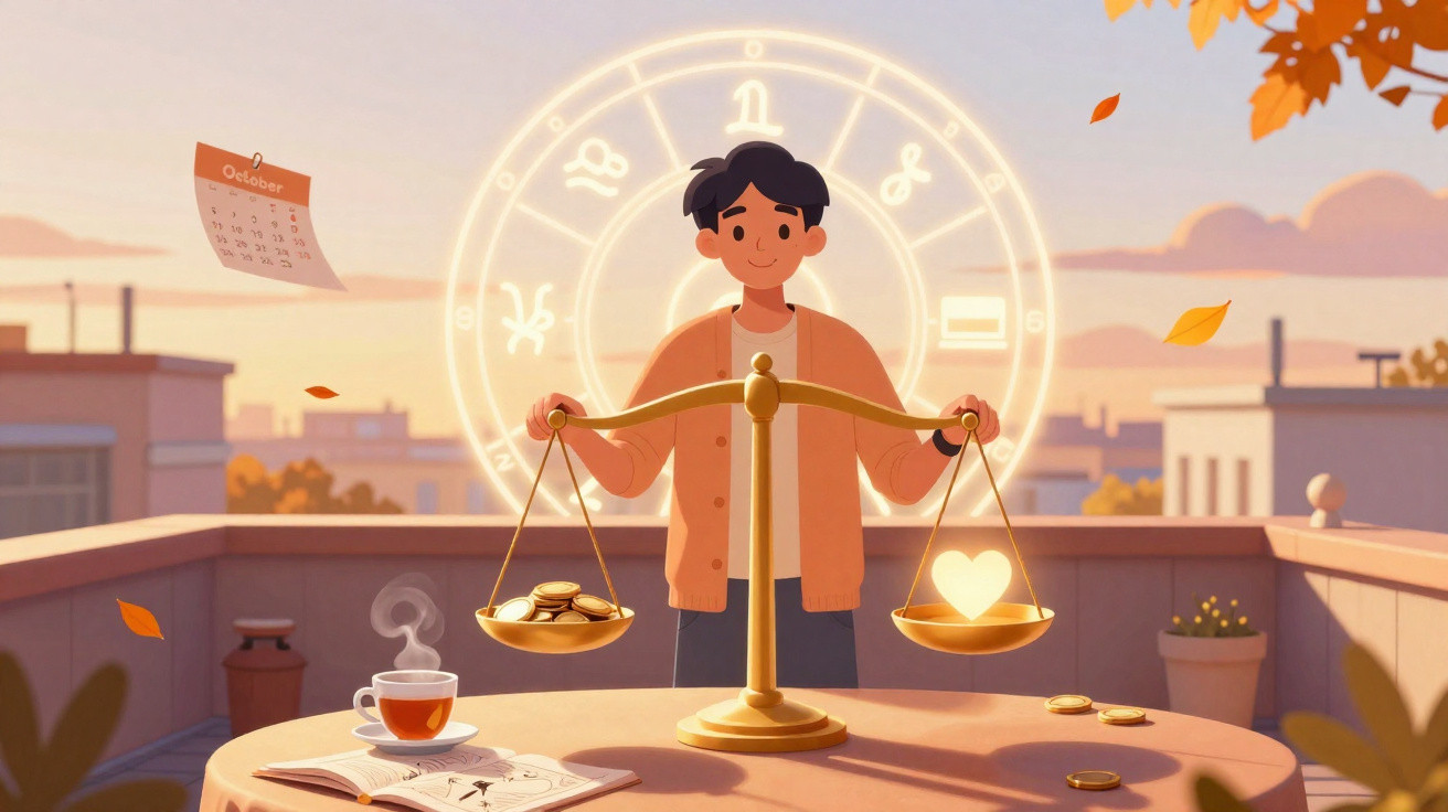 Pessoa equilibrando moedas e coração em balança, com signos do zodíaco ao fundo e cenário ao pôr do sol.