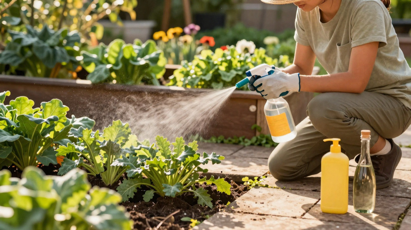 Pessoa pulverizando plantas em um jardim usando luvas de proteção e roupa casual clara.