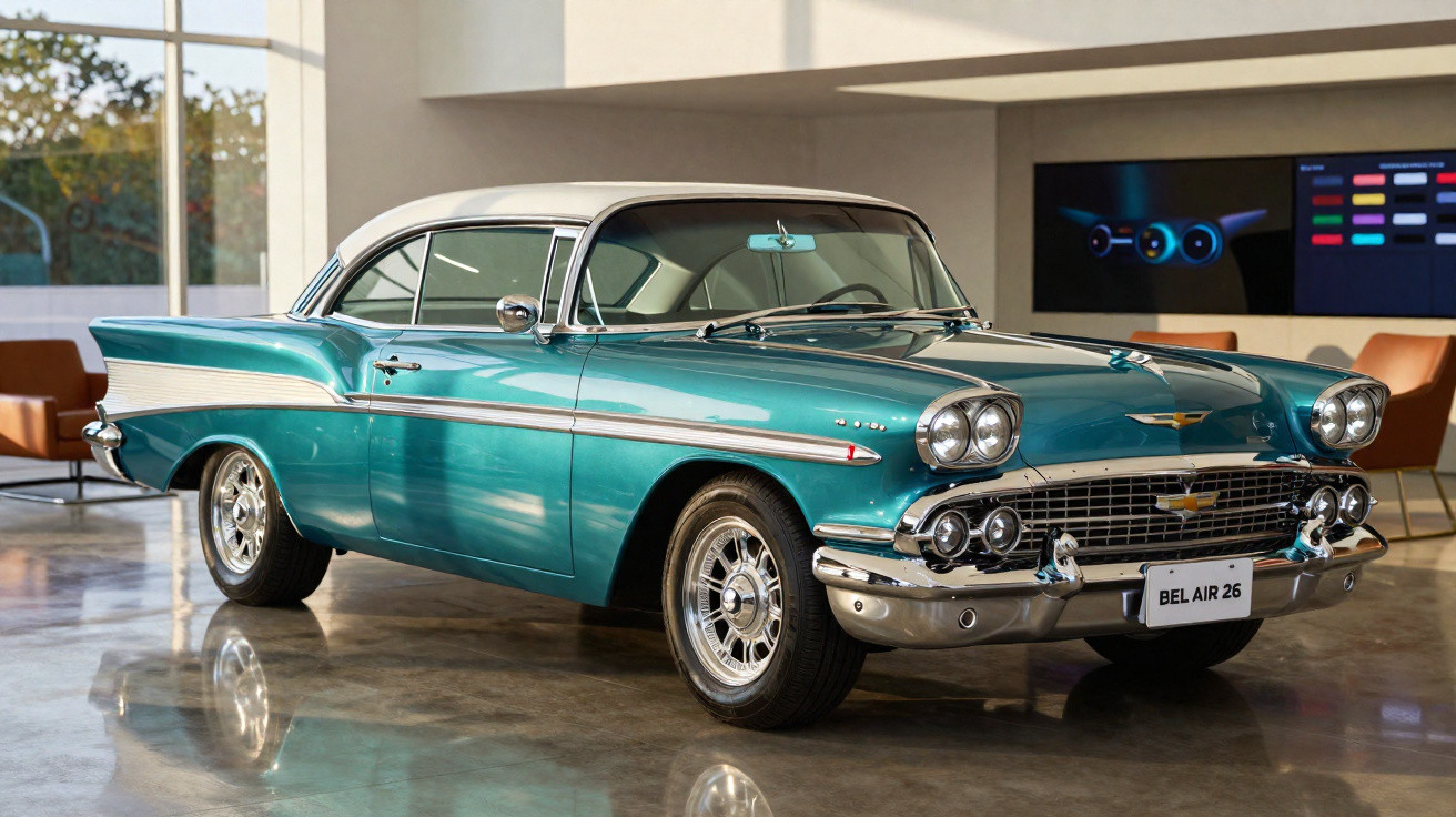 Carro clássico Chevrolet Bel Air 1958 azul com teto branco em ambiente interno moderno.
