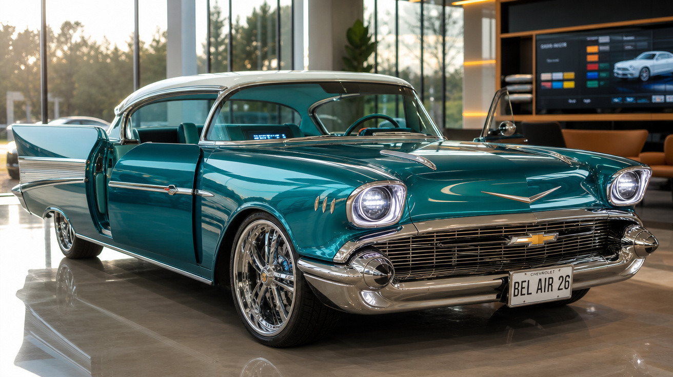 Carro clássico Chevrolet Bel Air 1957 azul em exposição dentro de showroom moderno.