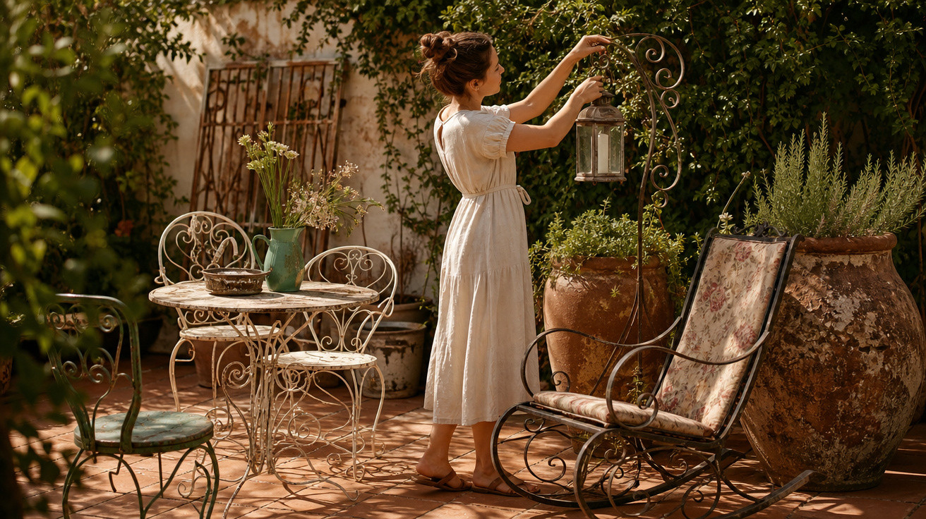 Mulher em vestido branco ajusta luminária em jardim com móveis de ferro e vasos grandes de plantas.