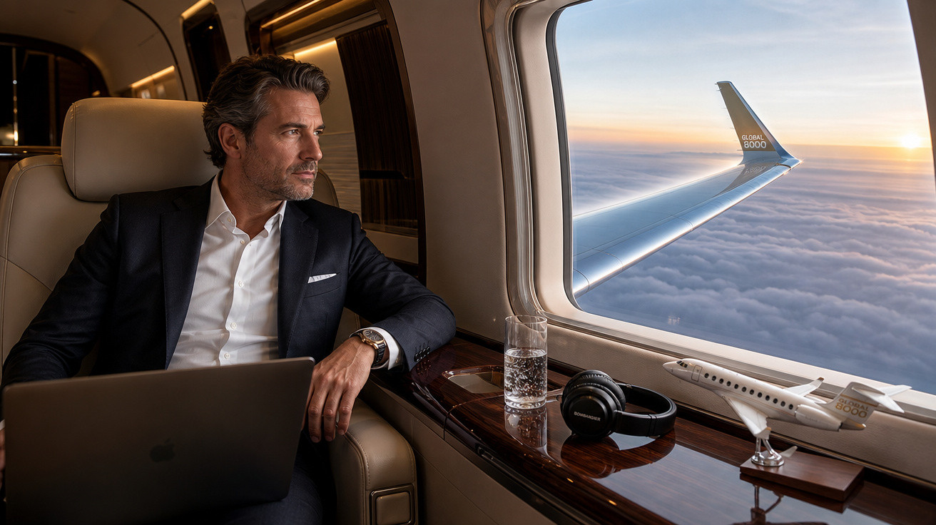 Homem elegante sentado em avião particular com laptop no colo, olhando pela janela para o horizonte ao pôr do sol.