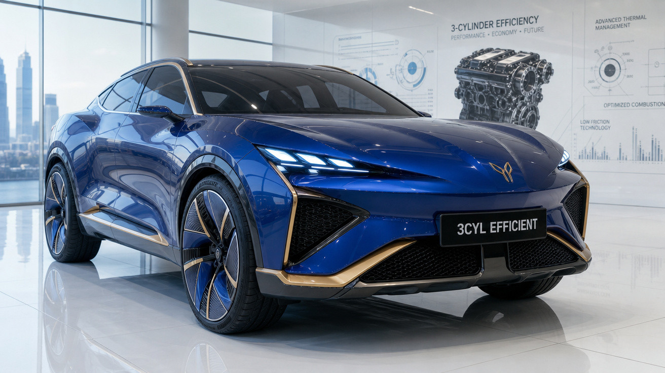 Carro esportivo elétrico azul com detalhes dourados em ambiente moderno de showroom automotivo.