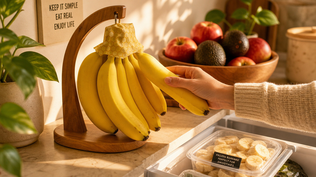 Mão segurando banana em suporte de madeira com frutas e congelados ao fundo em cozinha iluminada.