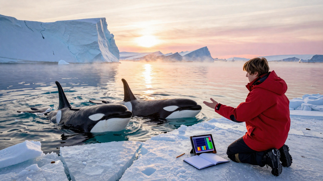 Pessoa agachada na neve interage com duas orcas no mar gelado ao pôr do sol.