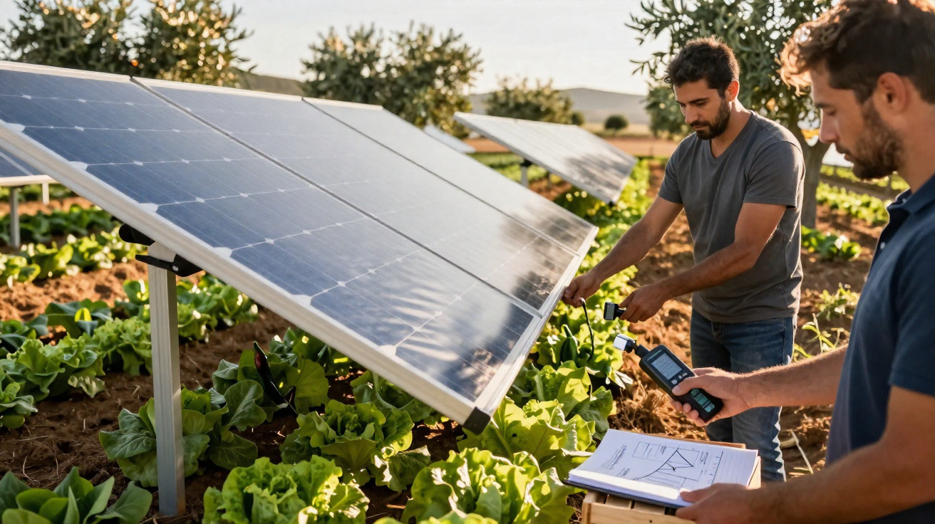 Dois homens inspecionam painéis solares instalados em plantação de alface sob luz natural.