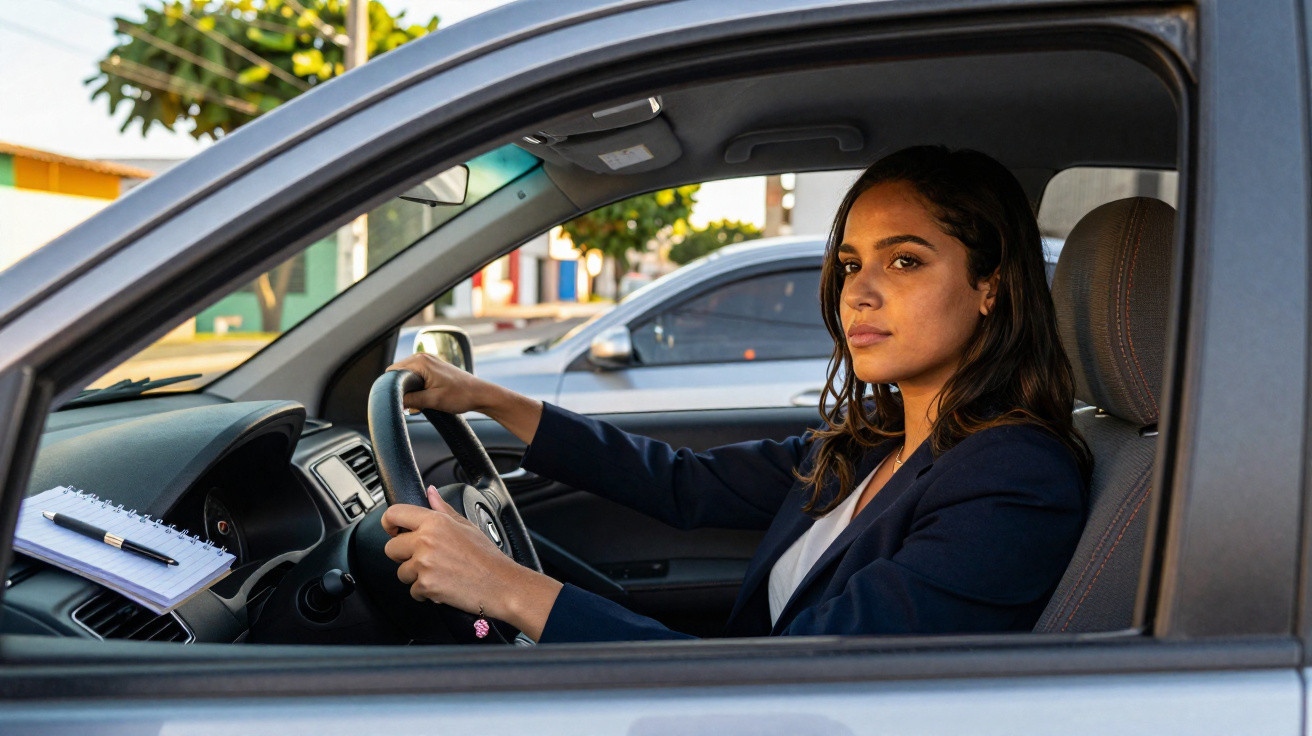 Mulher jovem dirigindo carro cinza, olhando para frente, com bloco de notas e caneta no painel.