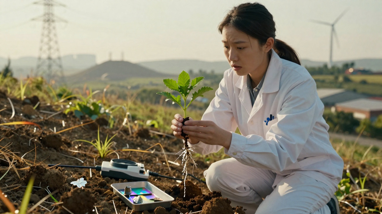 Mulher cientista de jaleco branco analisa muda de planta no campo com equipamentos ao redor.