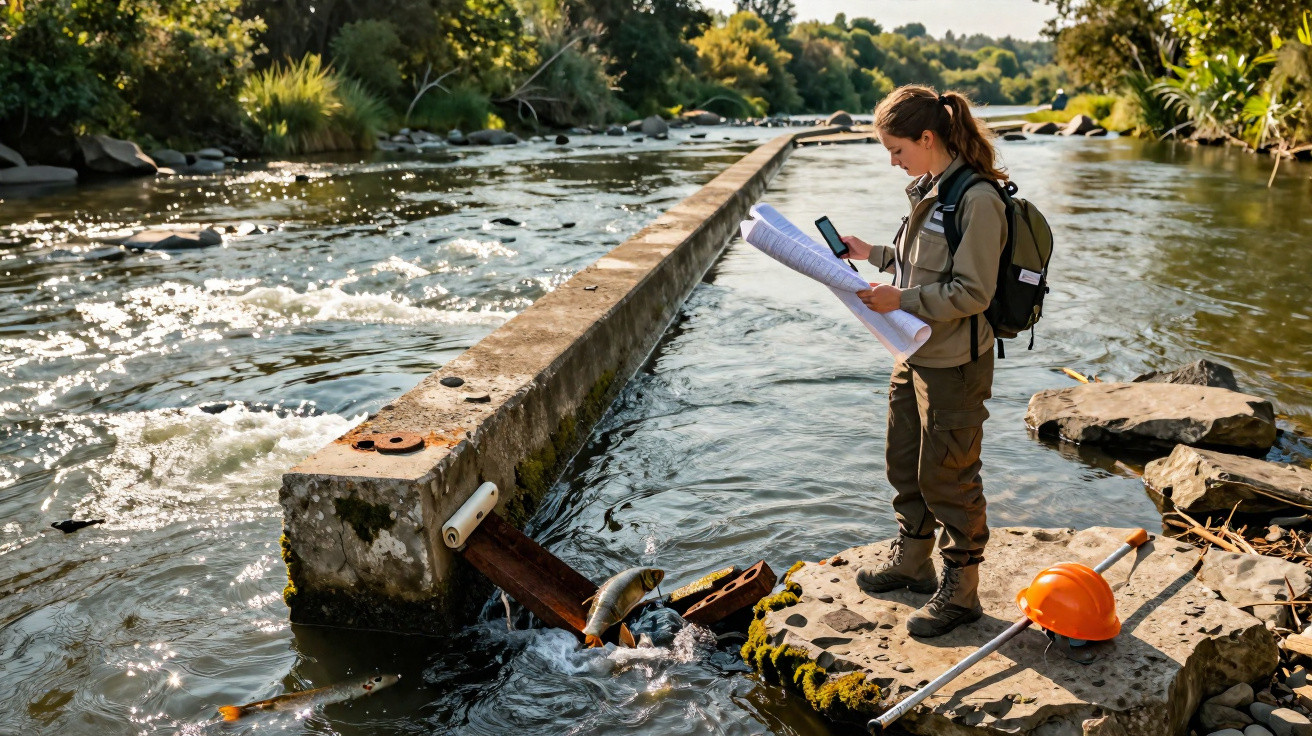 Mulher com roupa de campo analisa mapa e aparelho eletrônico perto de rio com peixes e vegetação.