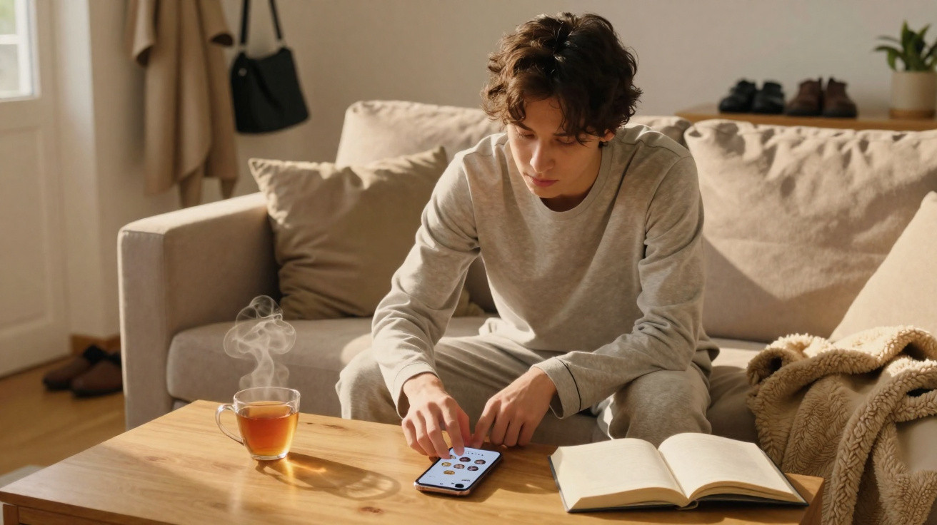 Jovem sentado no sofá usando smartphone, com livro aberto e xícara de chá quente na mesa de madeira.