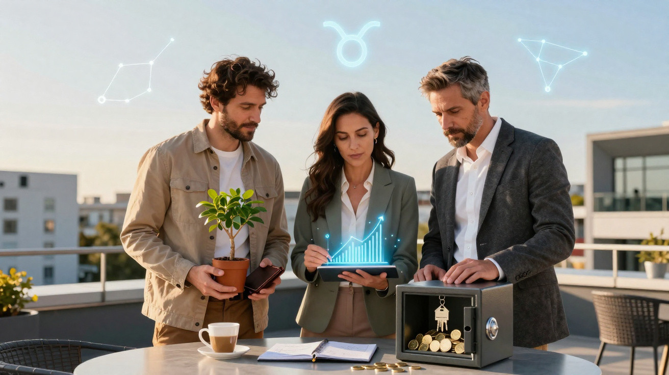 Três profissionais analisam gráficos e cofre com moedas em rooftop, simbolizando crescimento financeiro e investimento.