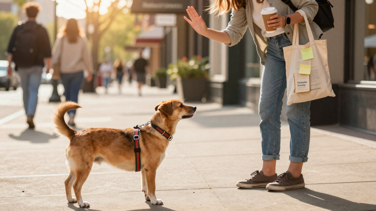 Pessoa com café na mão acena para cachorro de coleira parada em calçada movimentada da cidade.