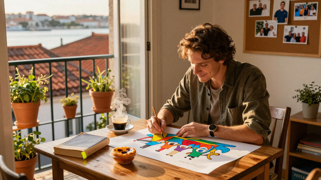 Homem desenhando ilustração colorida em mesa com café e doce, perto de janela com vista para rio.