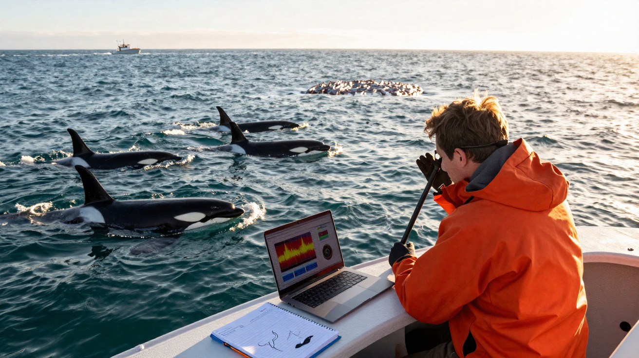 Pesquisador em barco observa orcas nadando próximas enquanto monitora dados em laptop no mar aberto.