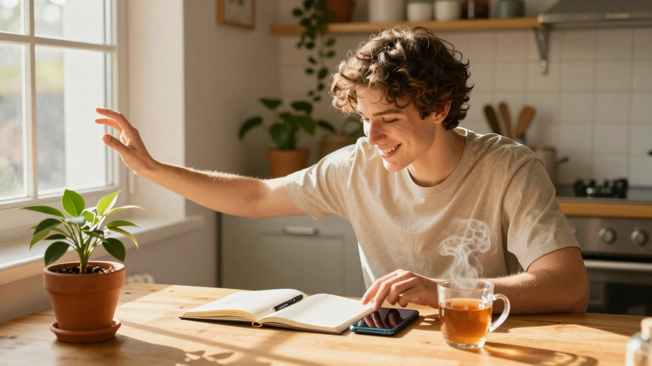Jovem sorridente sentado à mesa com chá, caderno aberto e celular, ao lado de planta perto da janela iluminada.