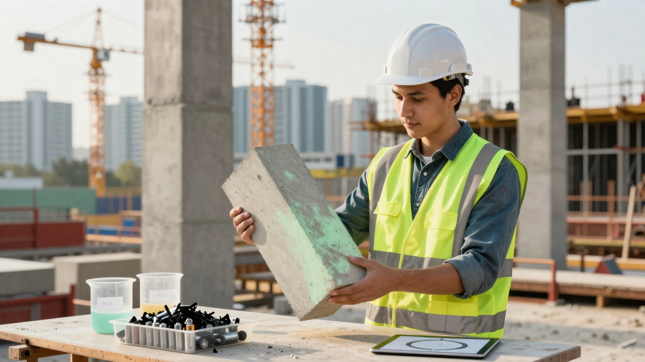 Jovem engenheiro com capacete e colete refletivo segurando bloco de concreto em obra.