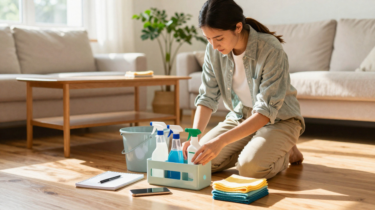 Mulher organizando produtos de limpeza no chão da sala com sofá e mesa ao fundo.