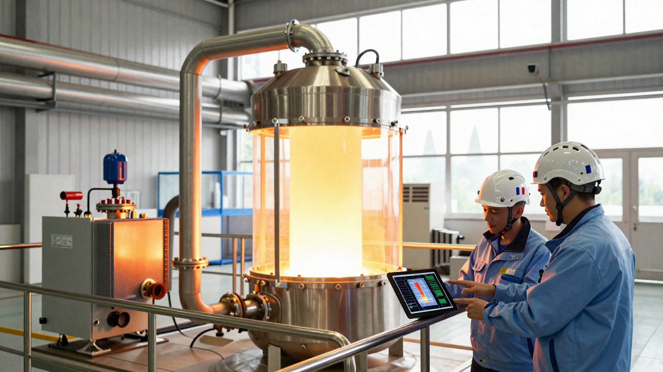 Dois técnicos com capacetes analisam dados em tela perto de equipamento industrial iluminado em ambiente interno.