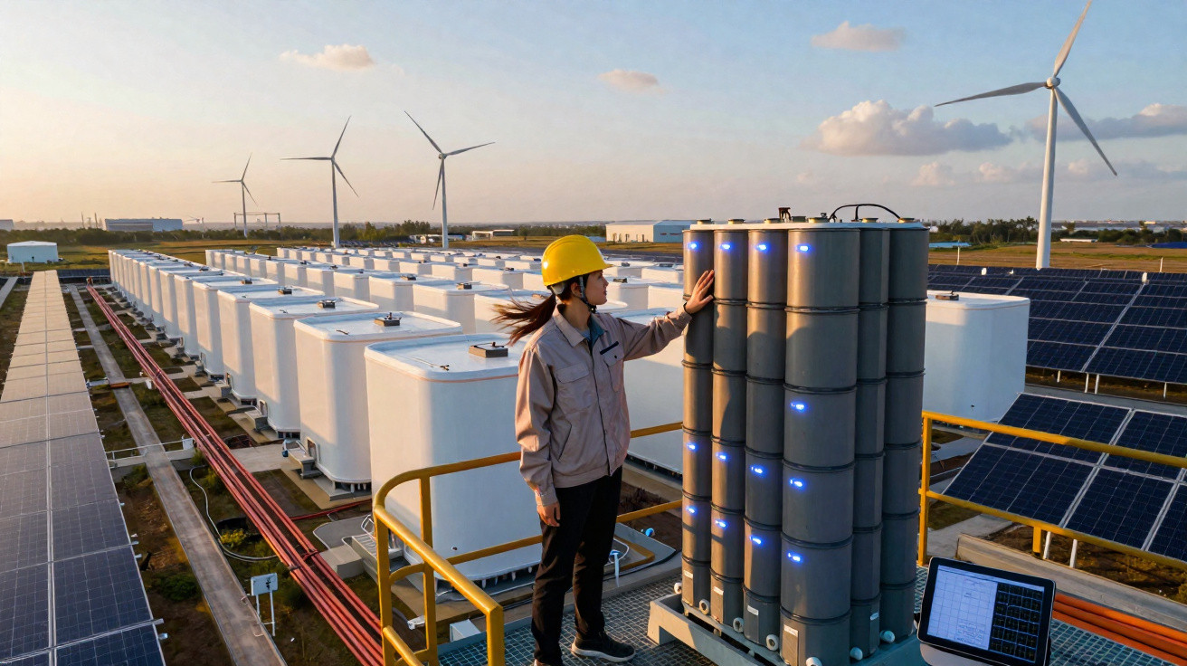 Mulher com capacete amarelo inspeciona baterias em usina solar com turbinas eólicas ao fundo.
