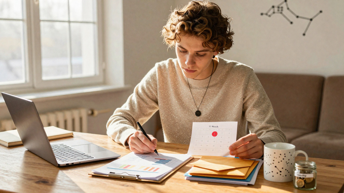 Pessoa analisando documentos financeiros com calendário, laptop e caneca em mesa de madeira.